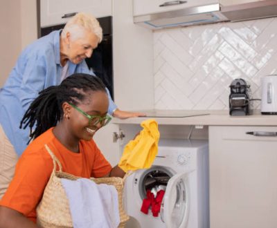 Senior woman is receiving help from the young volunteer